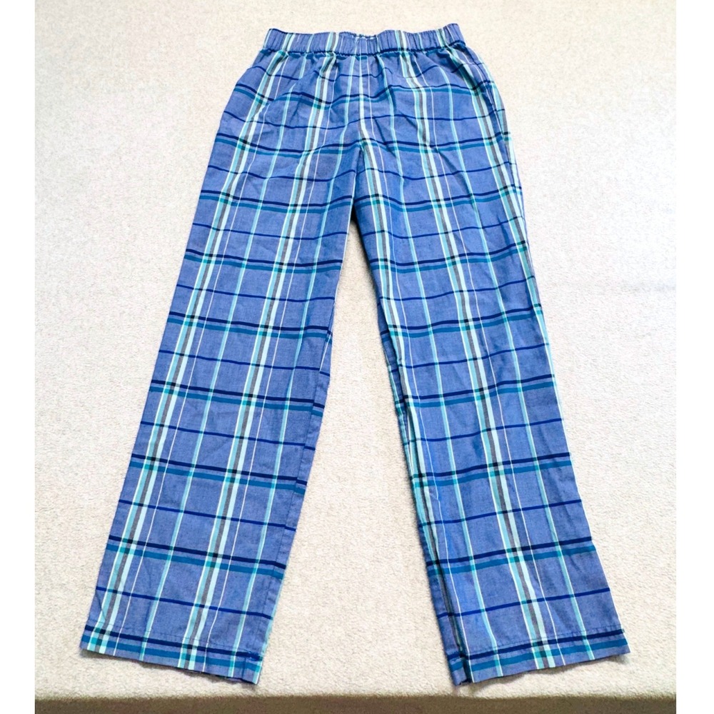 Lands End Pajama Pants Kids Size 10 Blue Plaid Elastic Waist Lounge Sleepwear